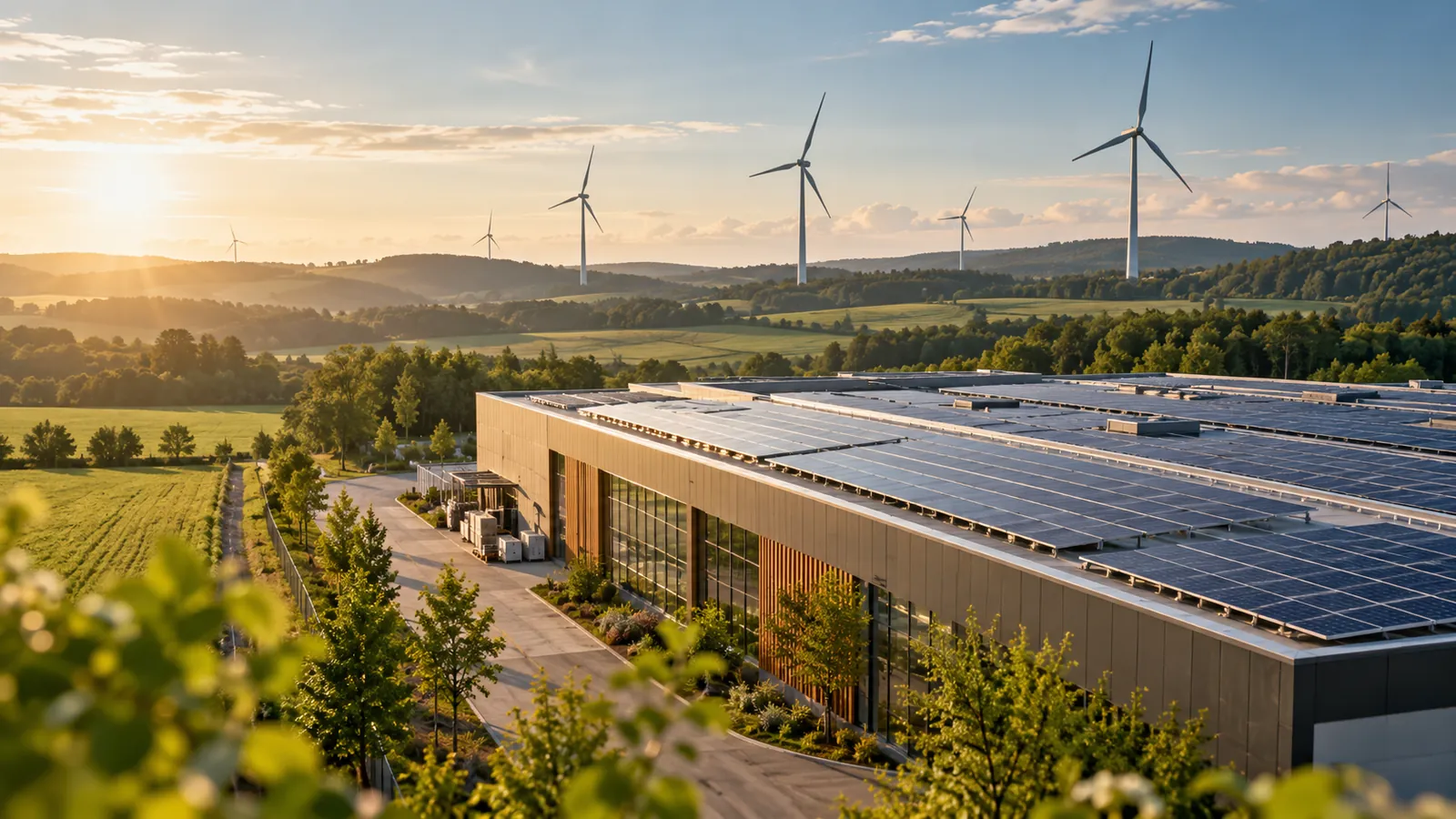 Solarmodule und Windkraft in einer grünen Landschaft, als Symbolbild.