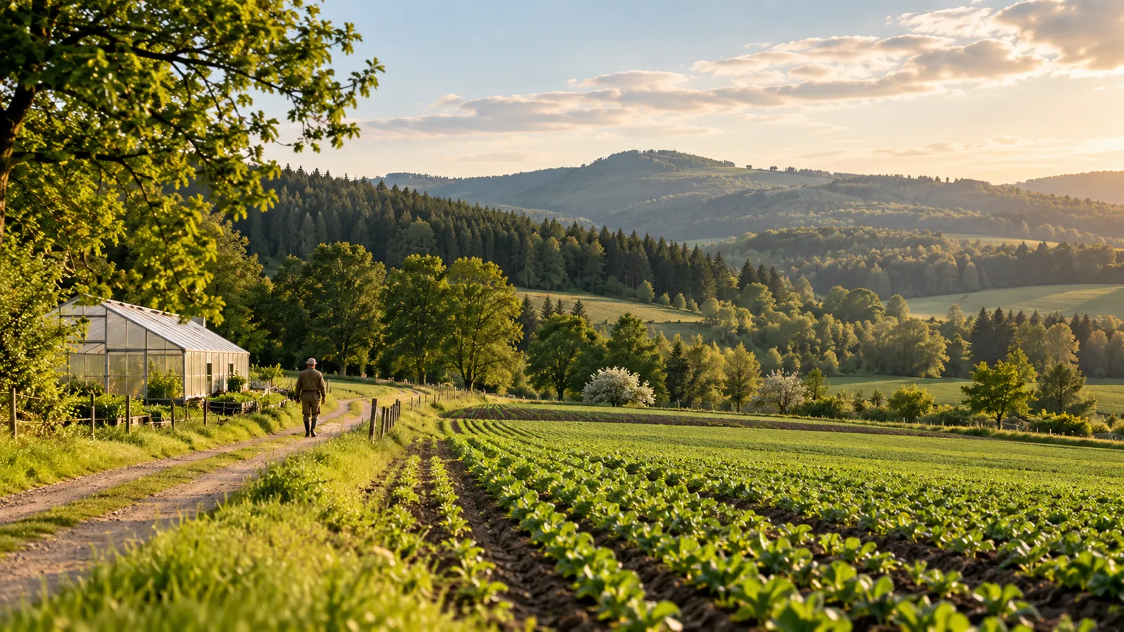 Grüne Felder, Waldrand und Gewächshaus in einer ruhigen Landschaft, als Symbolbild.
