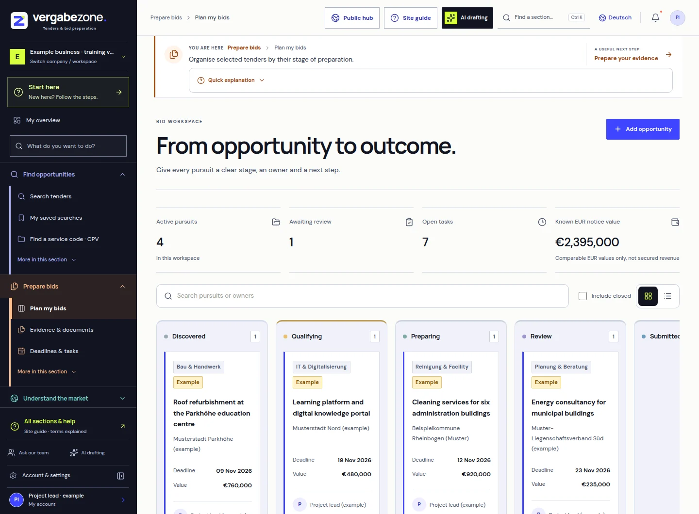 Workspace: Keep each bid at the right stage.